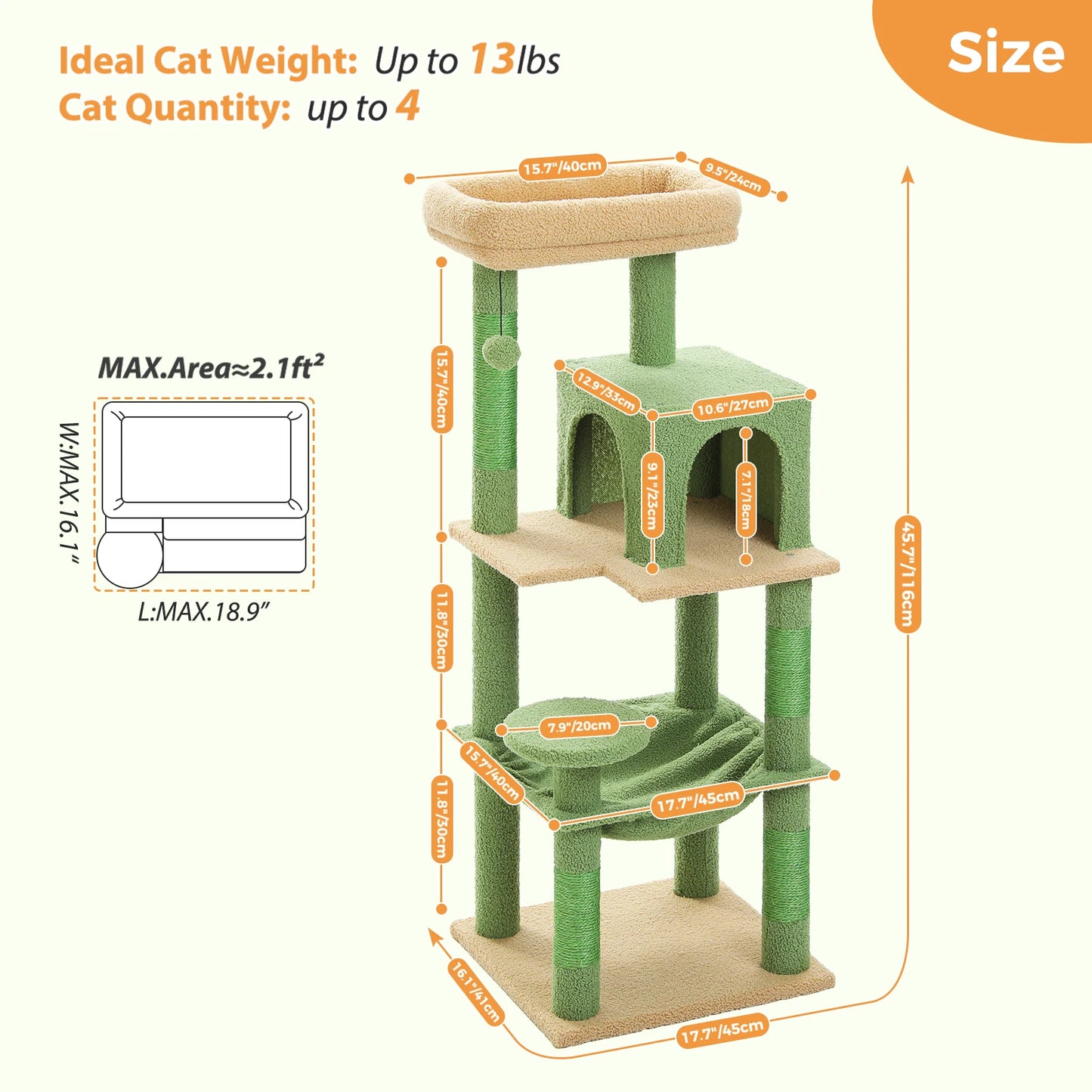 PAWZ Road Cactus Cat Tree Tower With Hammock And Condo