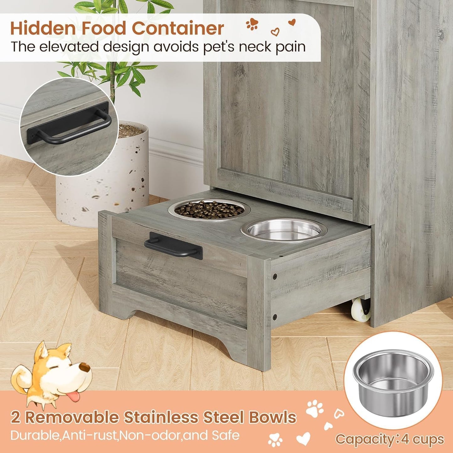 HiMISS Dog Feeding Station With Storage Cabinet And Raised Bowls