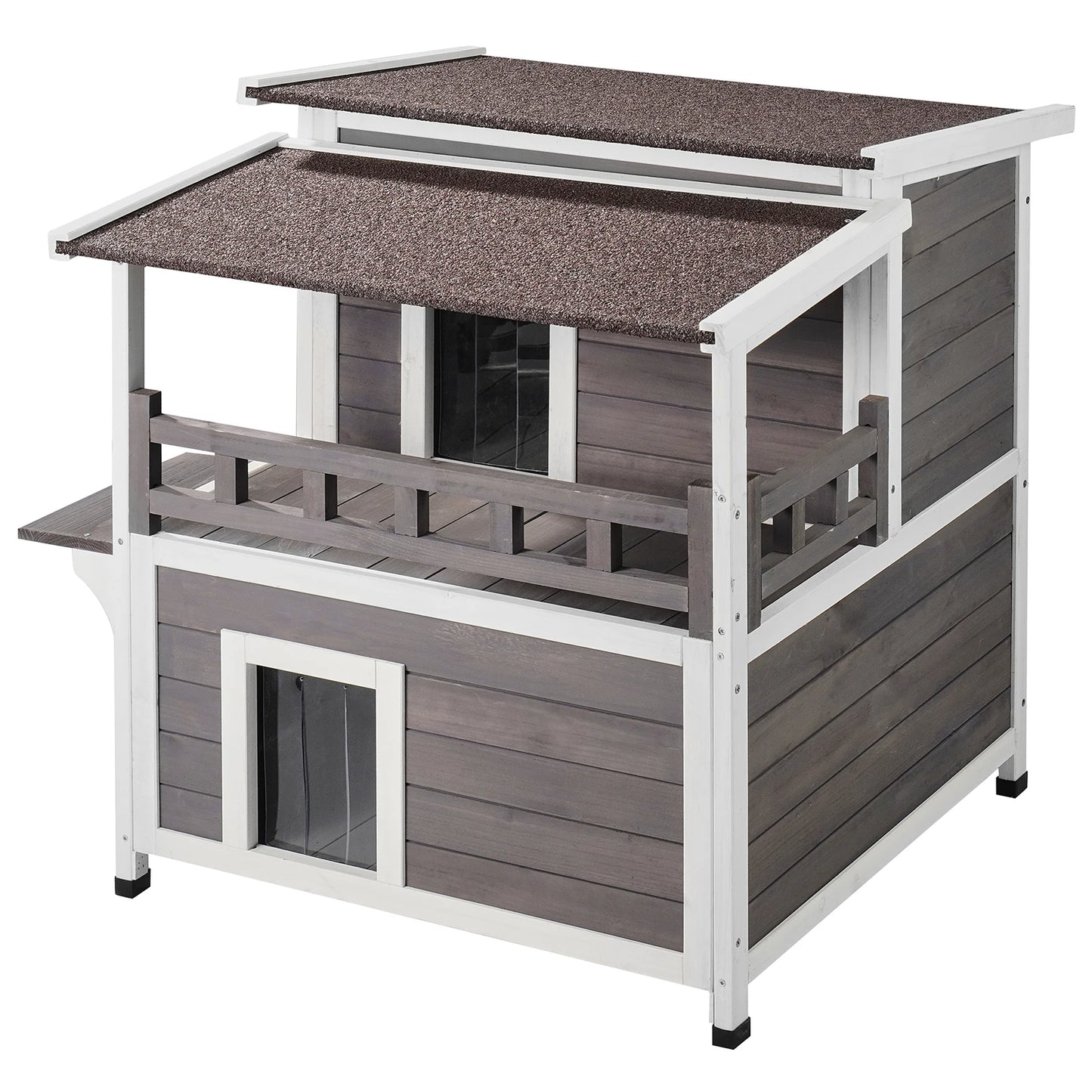 Outdoor Two Story Cedar Cat House With Balcony Roof