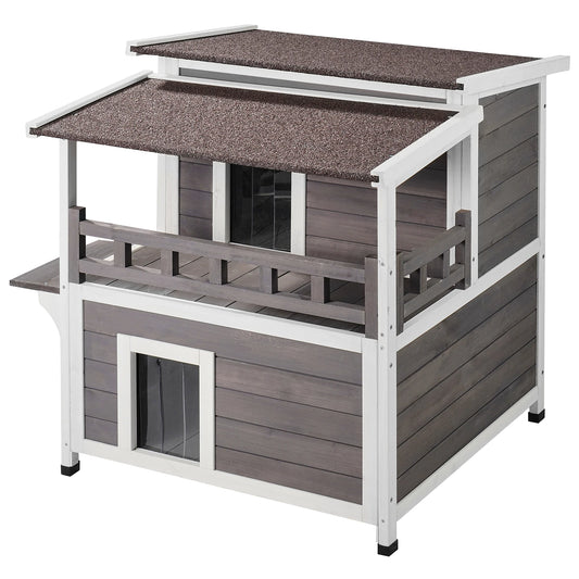 Outdoor Two Story Cedar Cat House With Balcony Roof