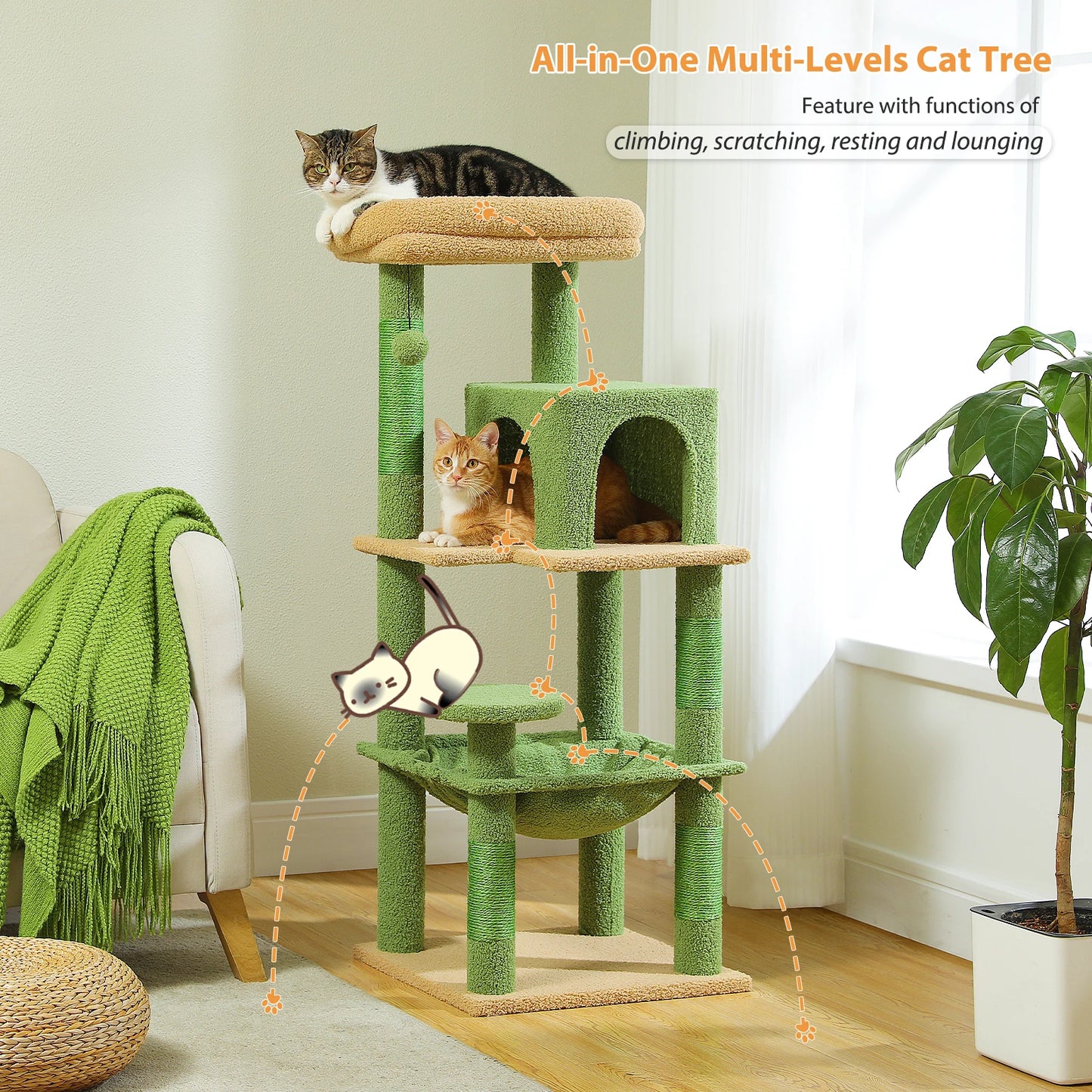 PAWZ Road Cactus Cat Tree Tower With Plush Hammock