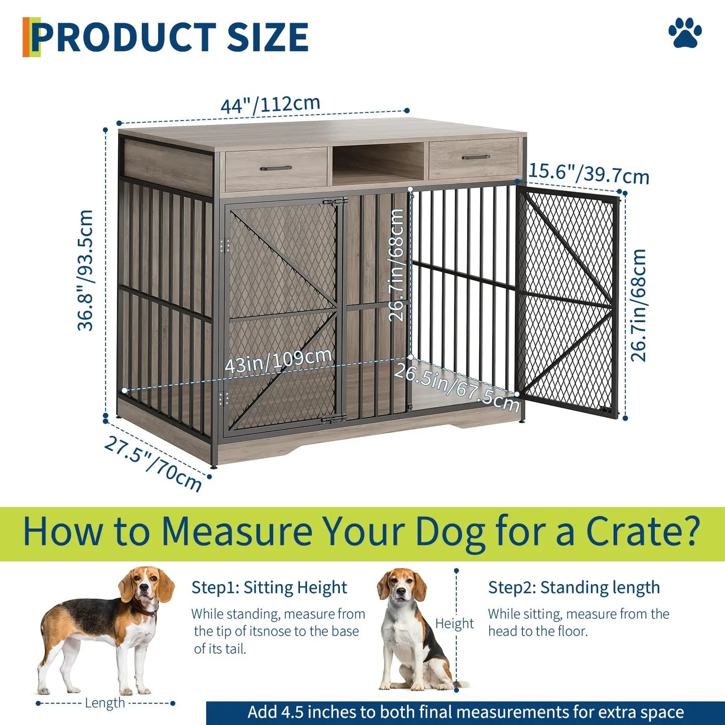 HiMISSD Dog Crate Furniture Kennel Table With Drawers