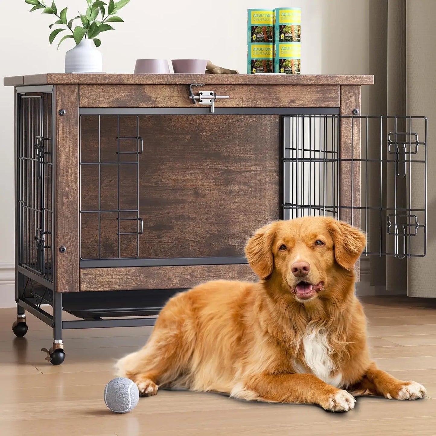 HiMISS Dog Crate Furniture With Wheels Two Doors And Tray