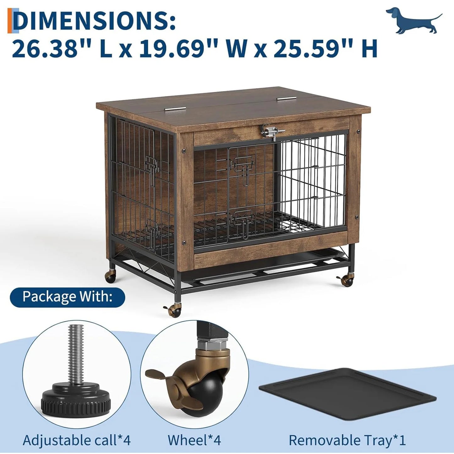 HiMISS Dog Crate Furniture With Wheels Two Doors And Tray
