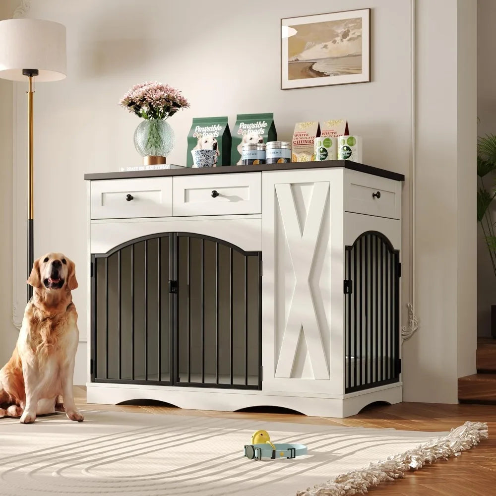 DAFIFY Heavy Duty Wooden Dog Crate With Storage Drawers