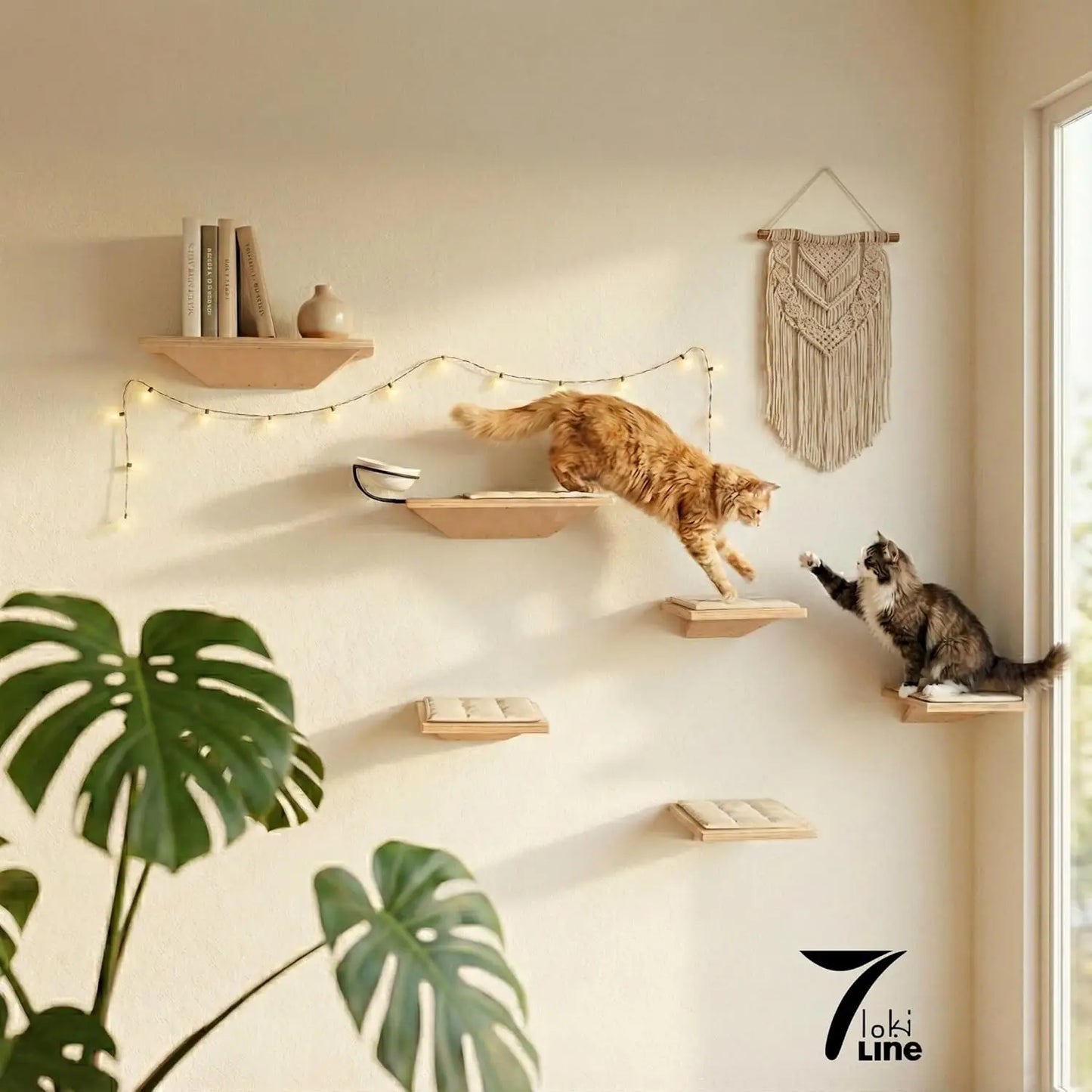 OEINGCN Wall Mounted Cat Shelves With Elevated Ceramic Feeding Station