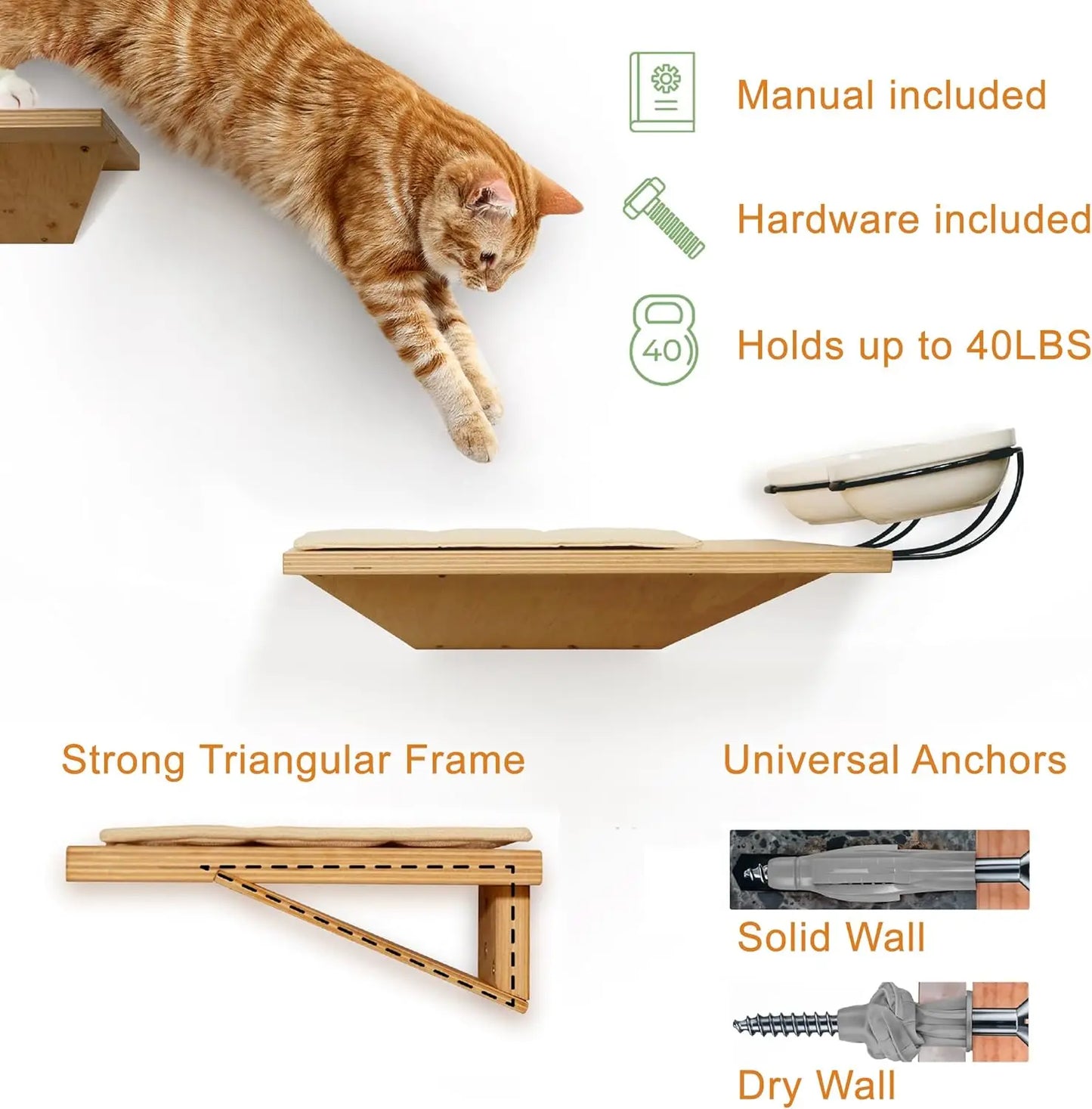 OEINGCN Wall Mounted Cat Shelves With Elevated Ceramic Feeding Station