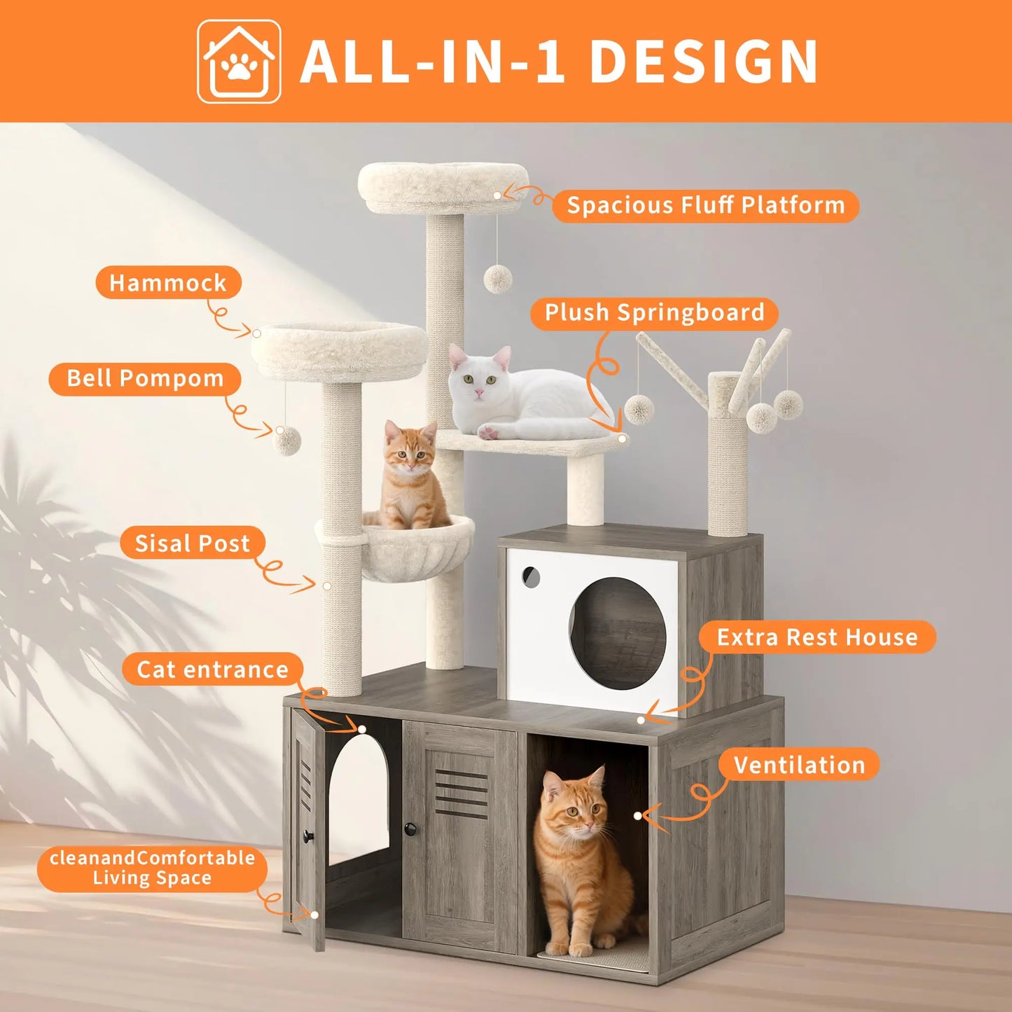 HiMISSCN Modern Cat Tree With Hidden Litter Box Multi Level