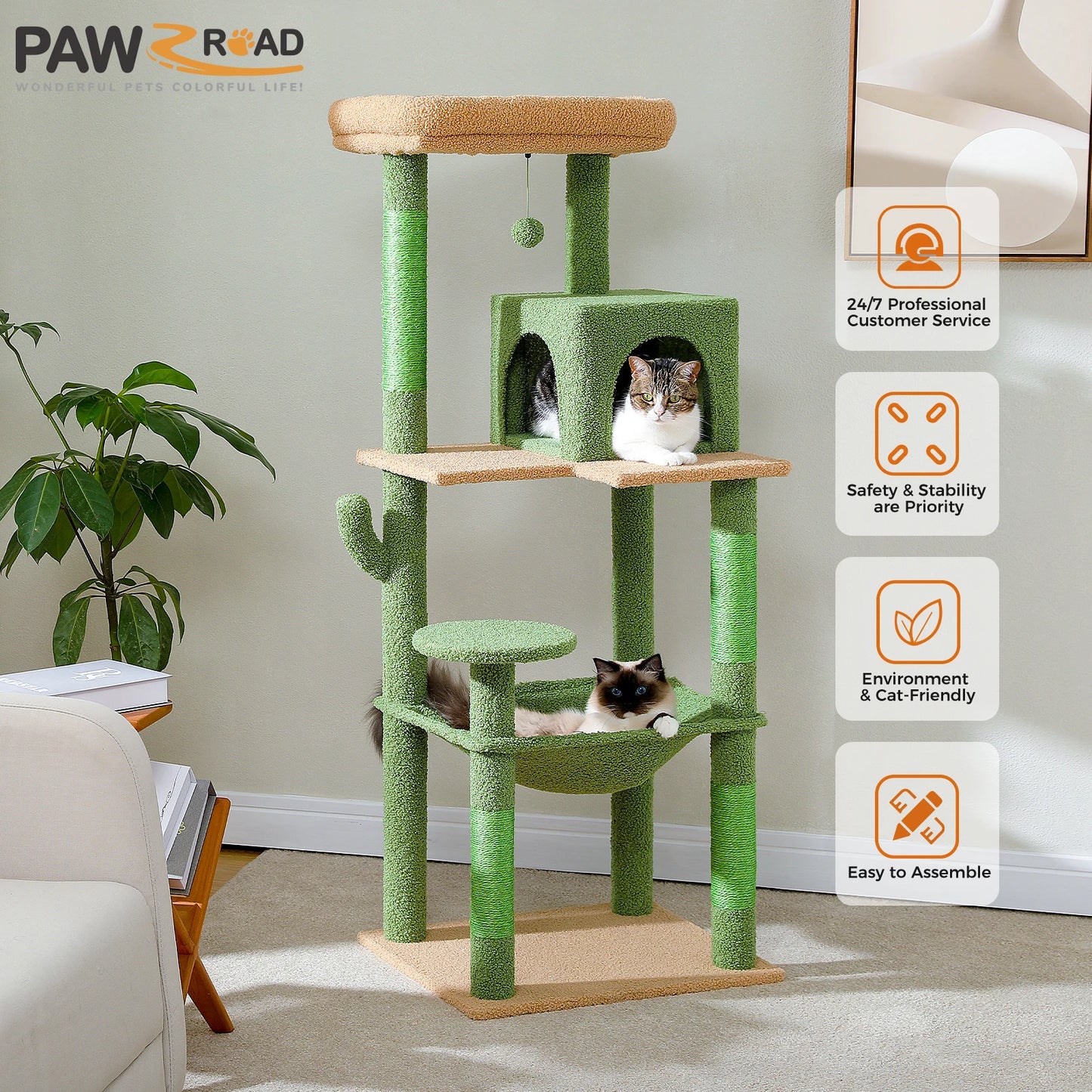 PAWZ Road Cactus Cat Tree Tower With Hammock And Condo