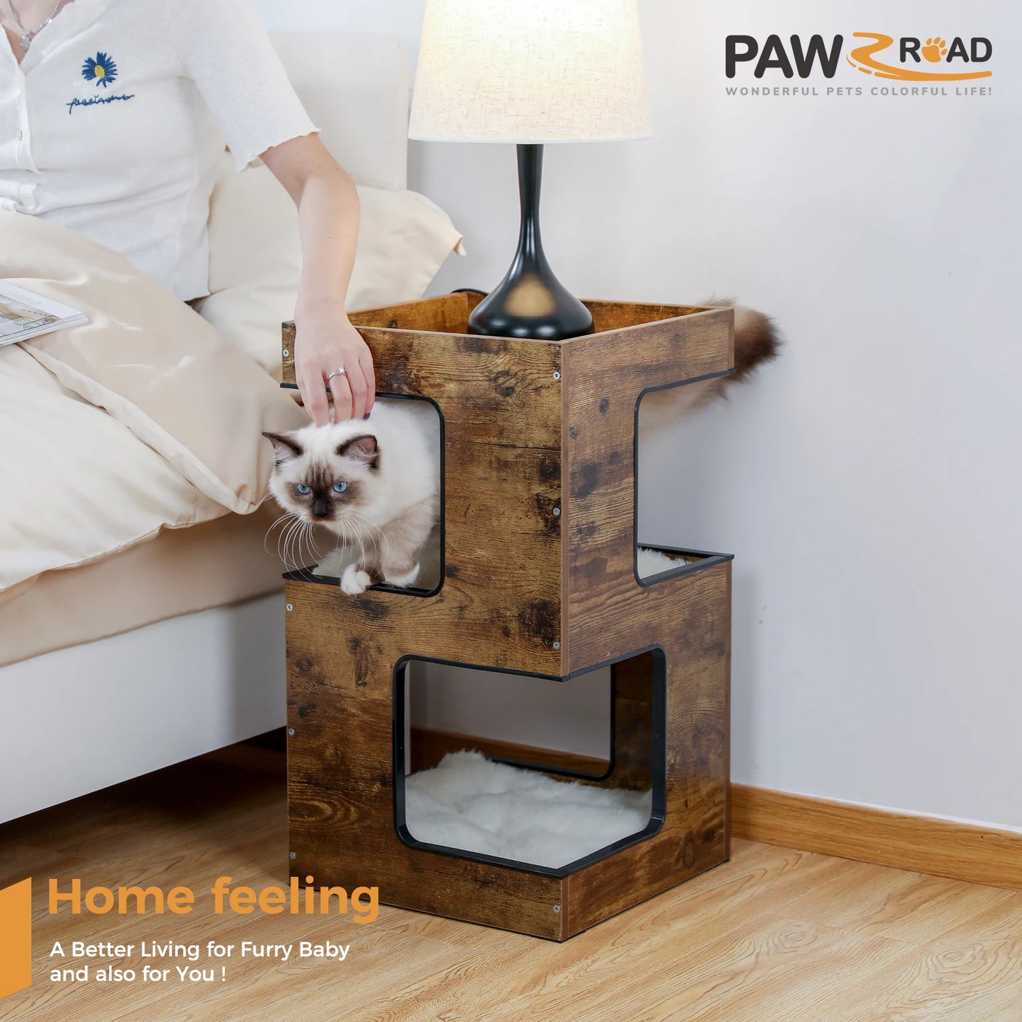 PAWZ Road Wood Cat Condo House Featuring Scratching Pad