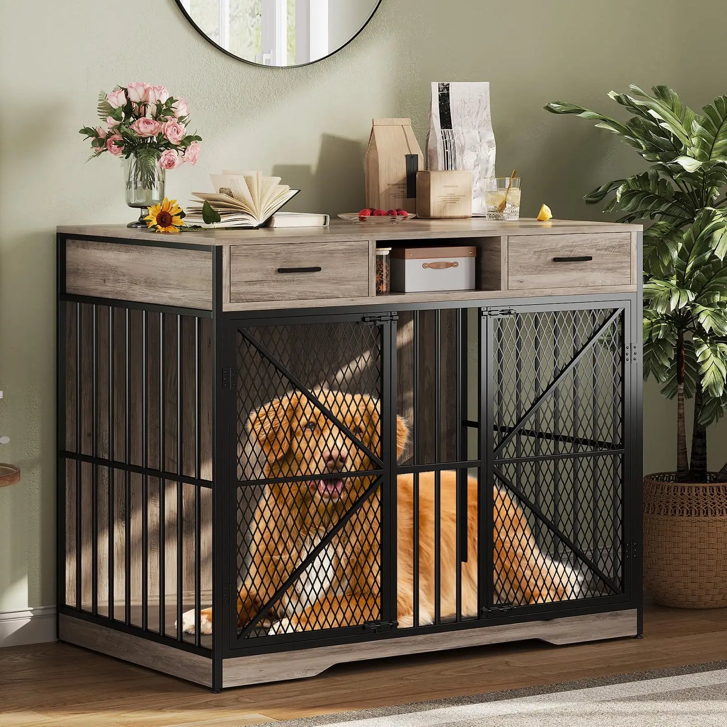HiMISSD Dog Crate Furniture Kennel Table With Drawers
