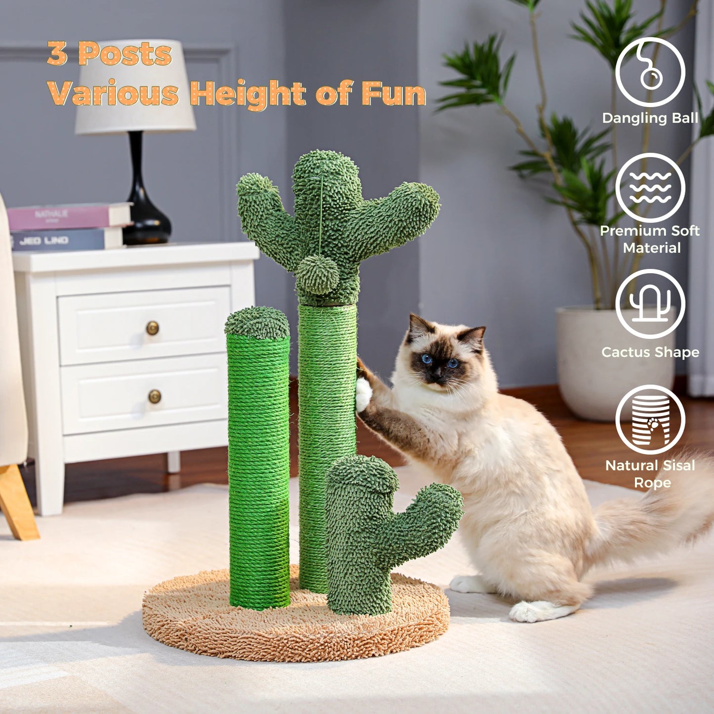 PAWZ Road Cactus Cat Scratcher Post With 3 Poles Ball