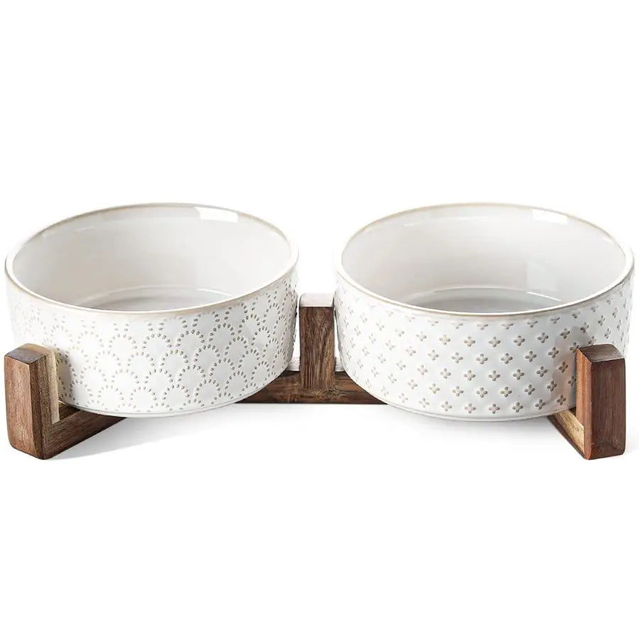 Ceramic Dog Bowls With Acacia Wood Stand Non Slip Elevated