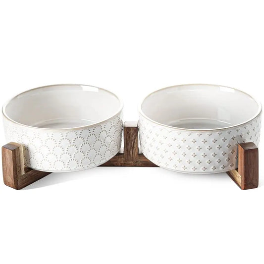 Ceramic Dog Bowls With Acacia Wood Stand Non Slip Elevated