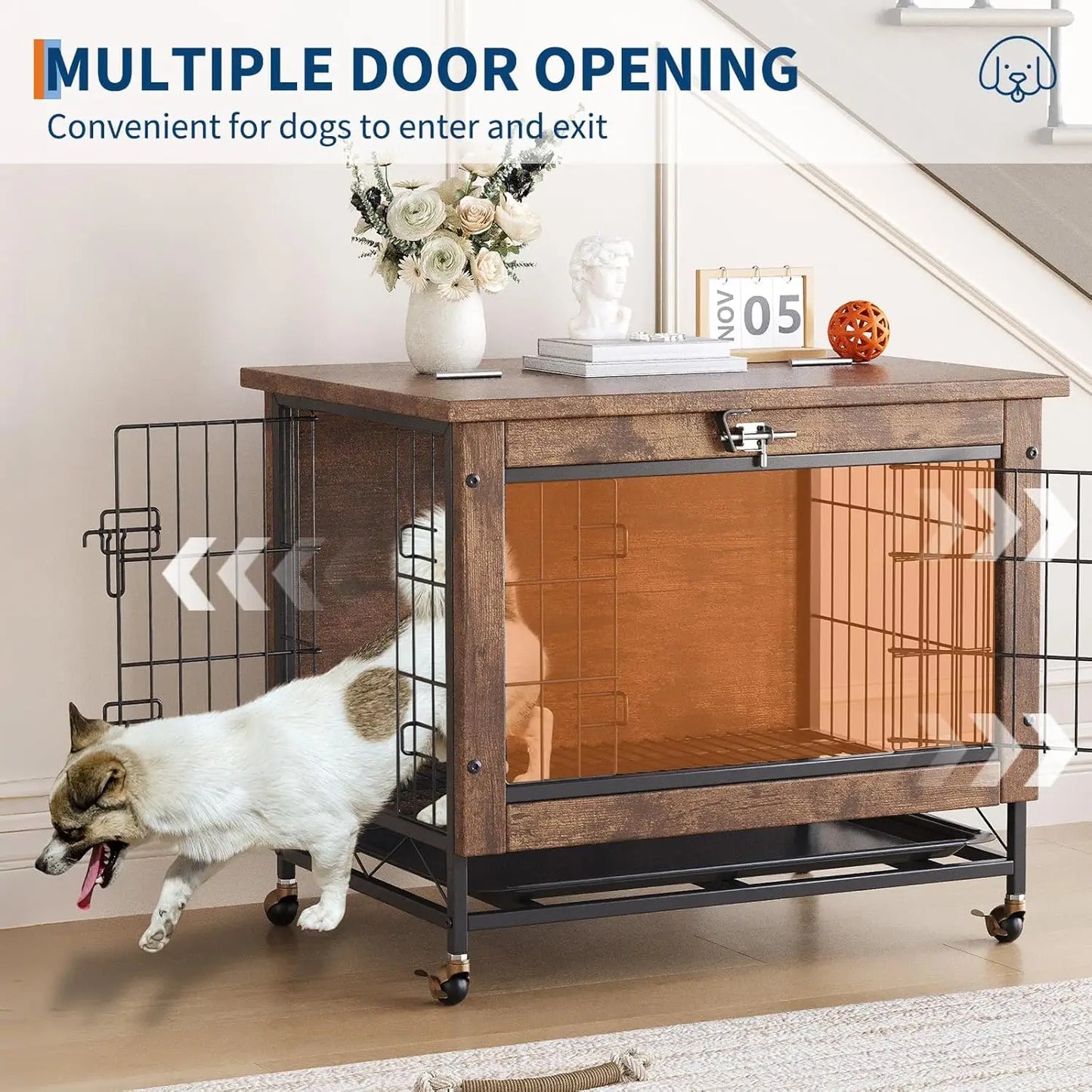 HiMISS Dog Crate Furniture With Wheels Two Doors And Tray