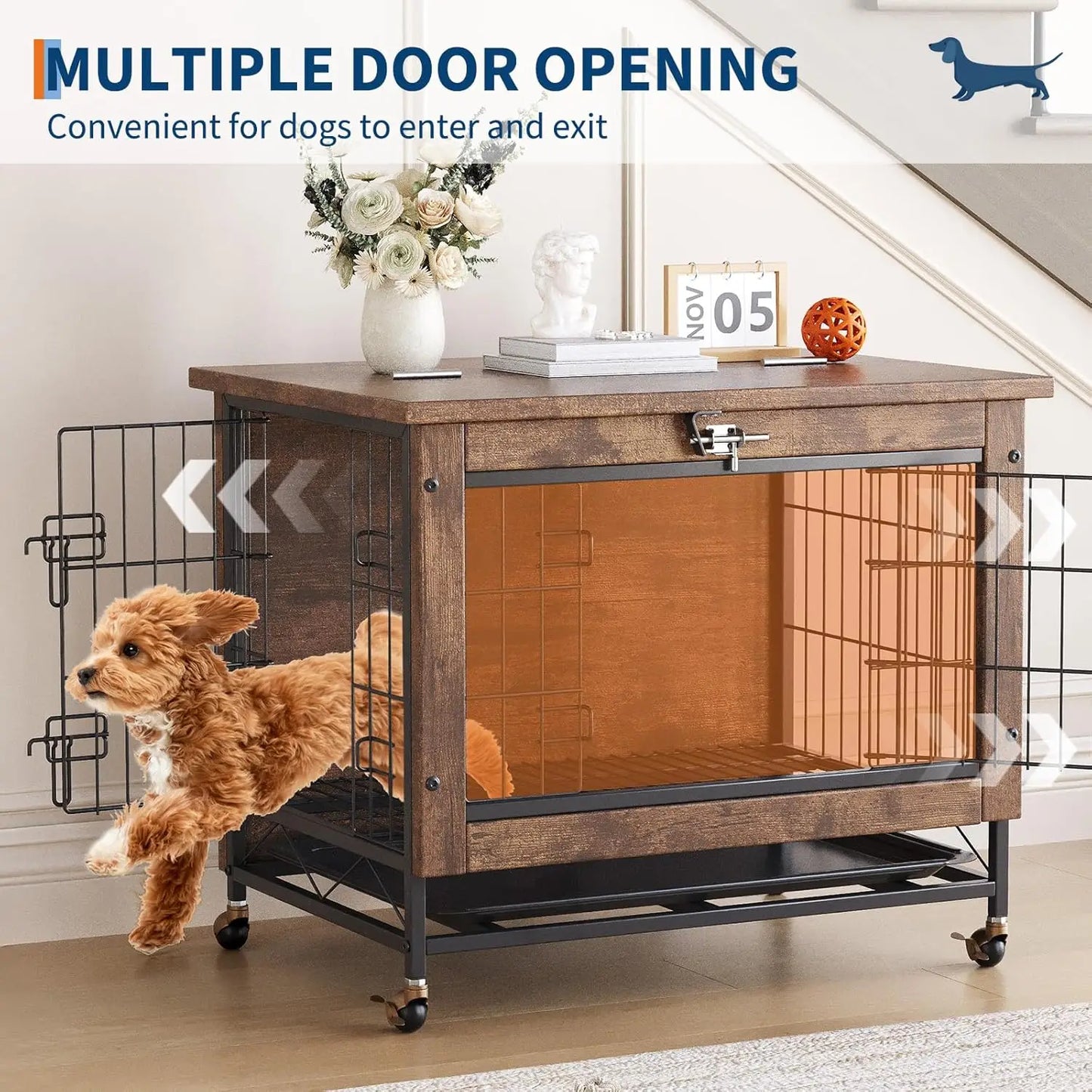 HiMISS Dog Crate Furniture With Wheels Two Doors And Tray
