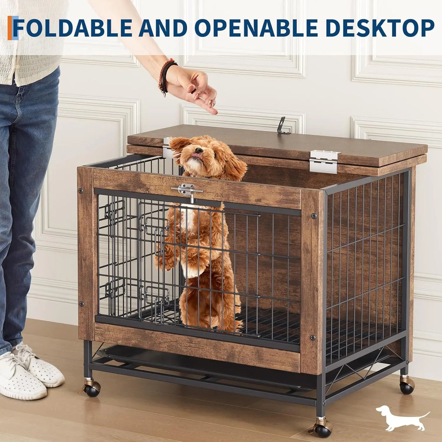 HiMISS Dog Crate Furniture With Wheels Two Doors And Tray