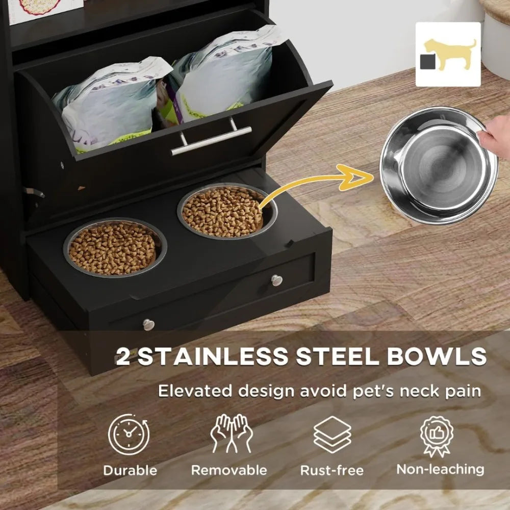 Elevated Dog Feeder With Storage Cabinet And Pull Out Drawer