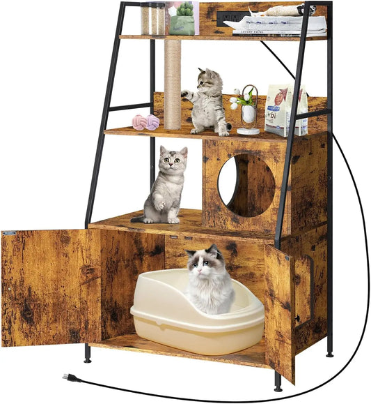 Cat Litter Box Enclosure With Storage Shelves And Charging Station