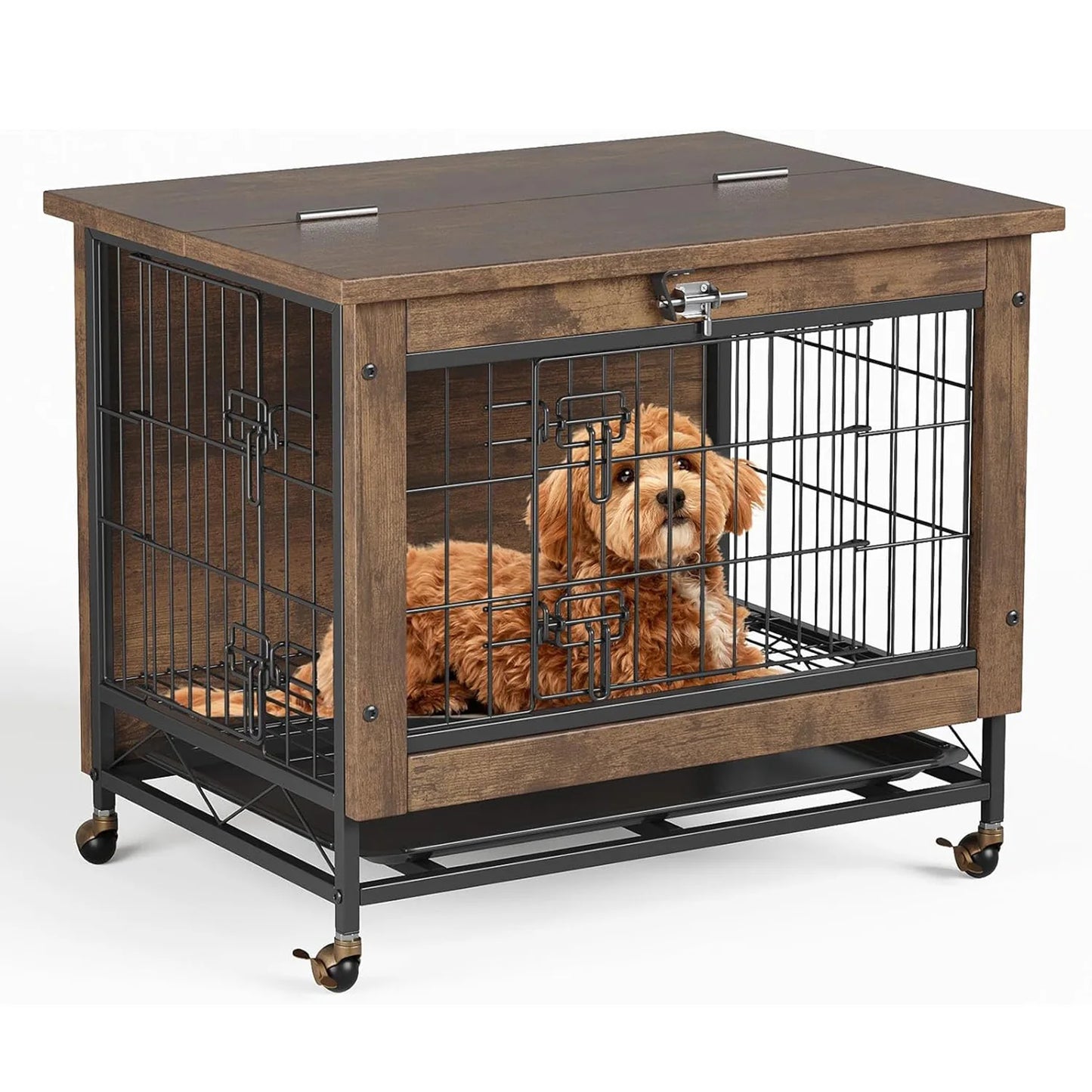 HiMISS Dog Crate Furniture With Wheels Two Doors And Tray