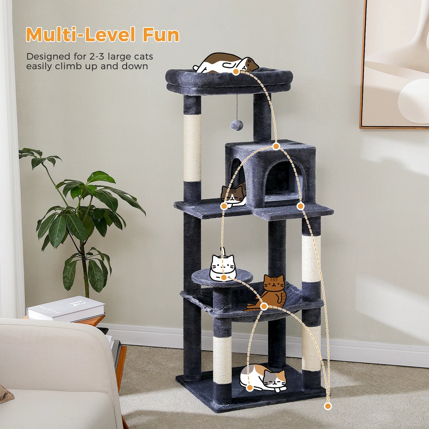 PETEPELACN Cat Tree Indoor Multi-Level Hammock Sisal Scratching Posts