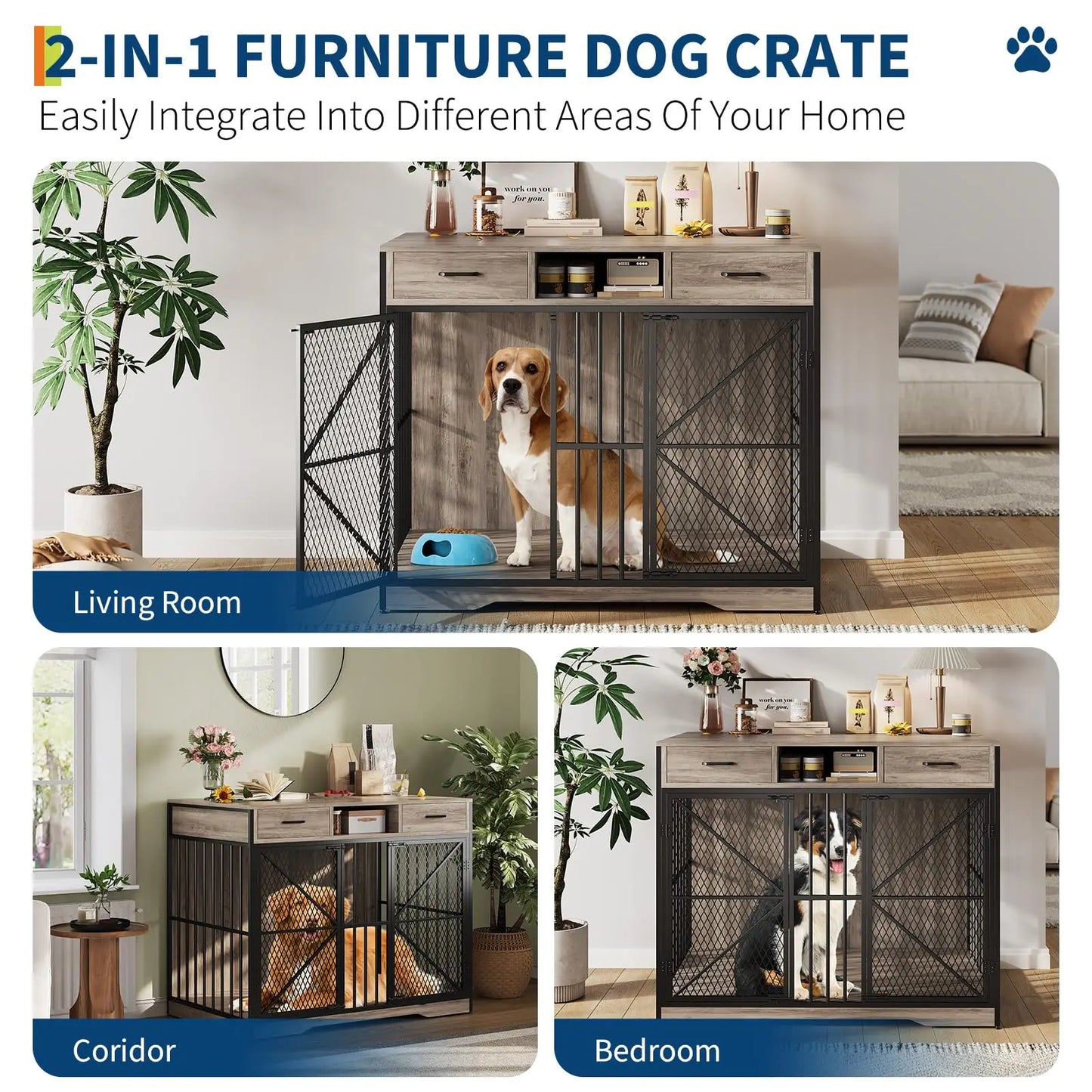 HiMISSD Dog Crate Furniture Kennel Table With Drawers