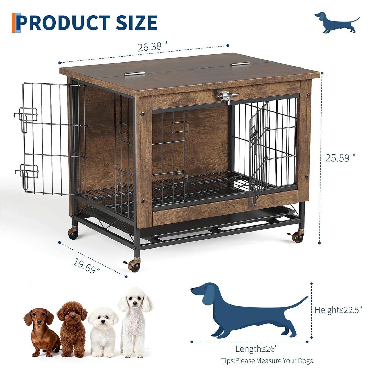 HiMISS Dog Crate Furniture With Wheels Two Doors And Tray