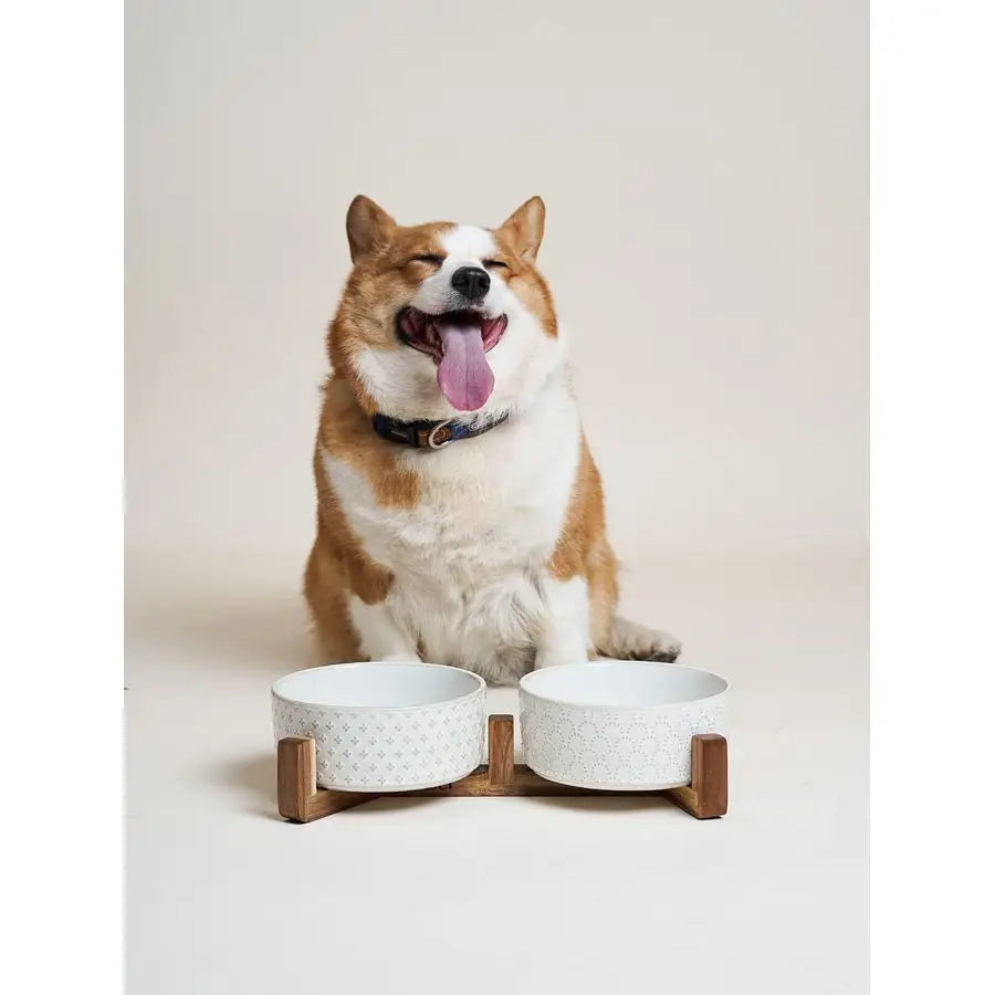 Ceramic Dog Bowls With Acacia Wood Stand Non Slip Elevated