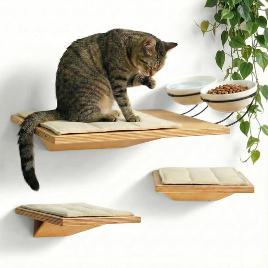 OEINGCN Wall Mounted Cat Shelves With Elevated Ceramic Feeding Station