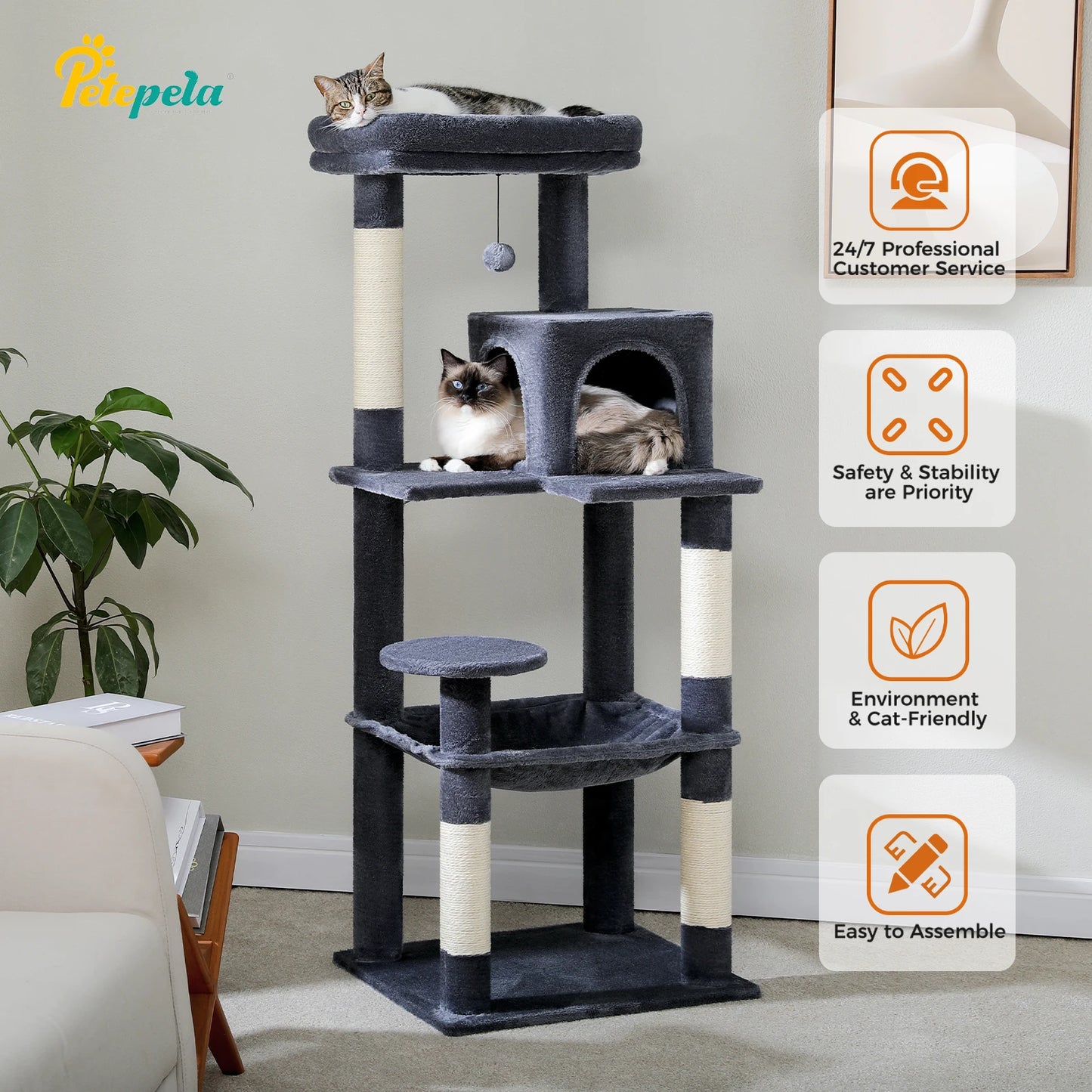 PETEPELACN Cat Tree Indoor Multi-Level Hammock Sisal Scratching Posts