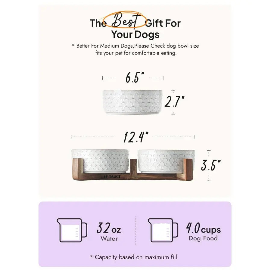 Ceramic Dog Bowls With Acacia Wood Stand Non Slip Elevated