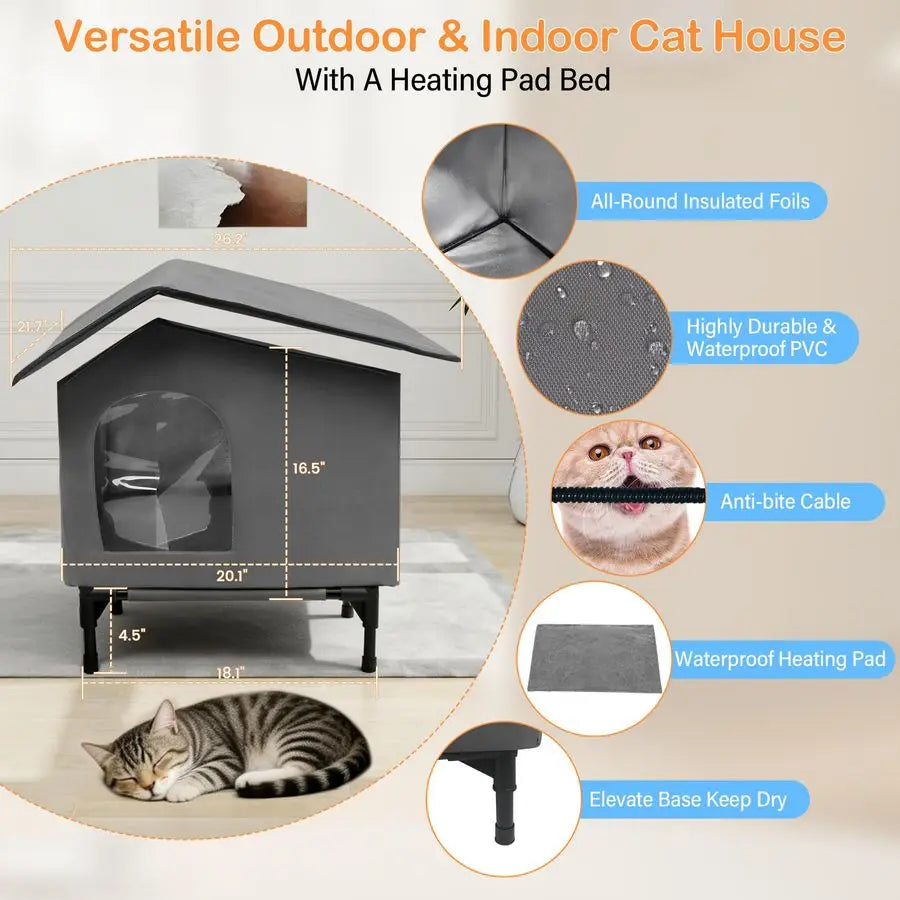 Heated Cat House With Heating Pad Insulated Outdoor Shelter
