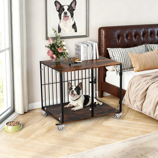 BINGOPAW Tempered Glass Dog Crate Cage With Wheels End Table