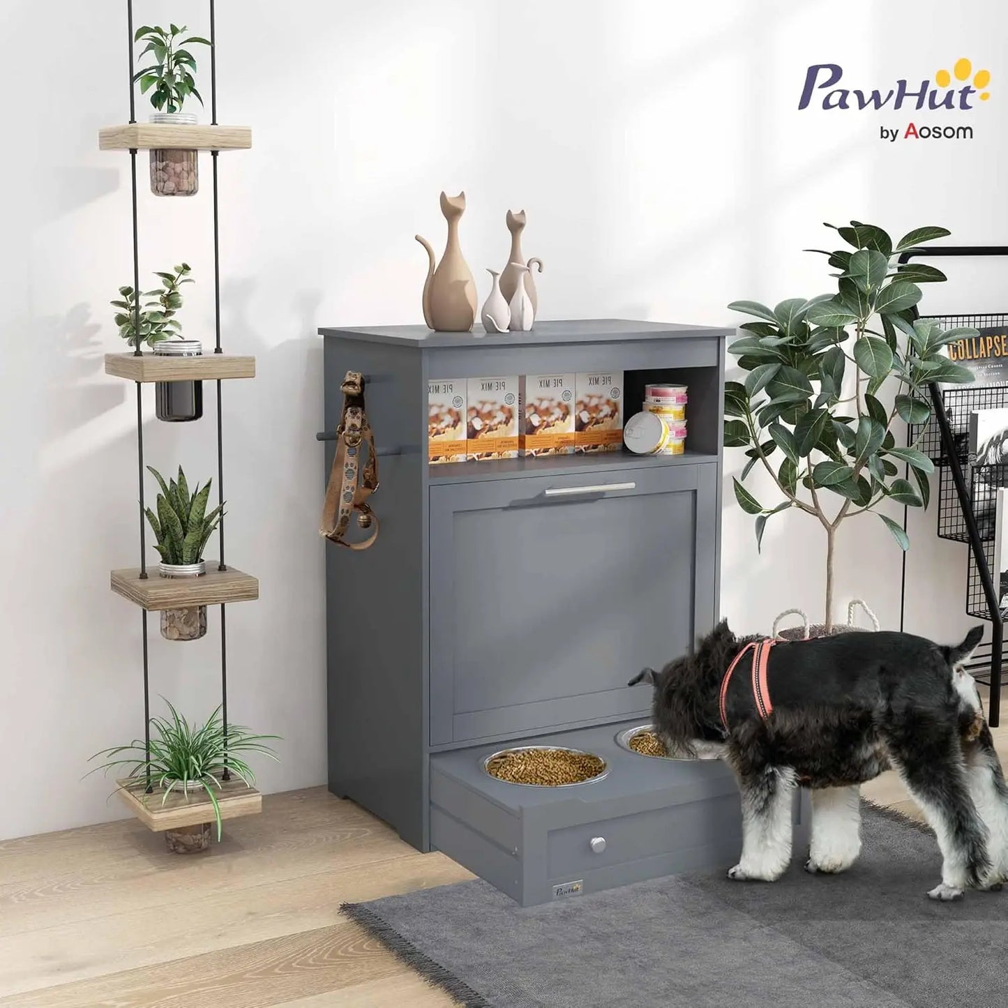 Raised Dog Feeding Station With Storage Cabinet And Organizer