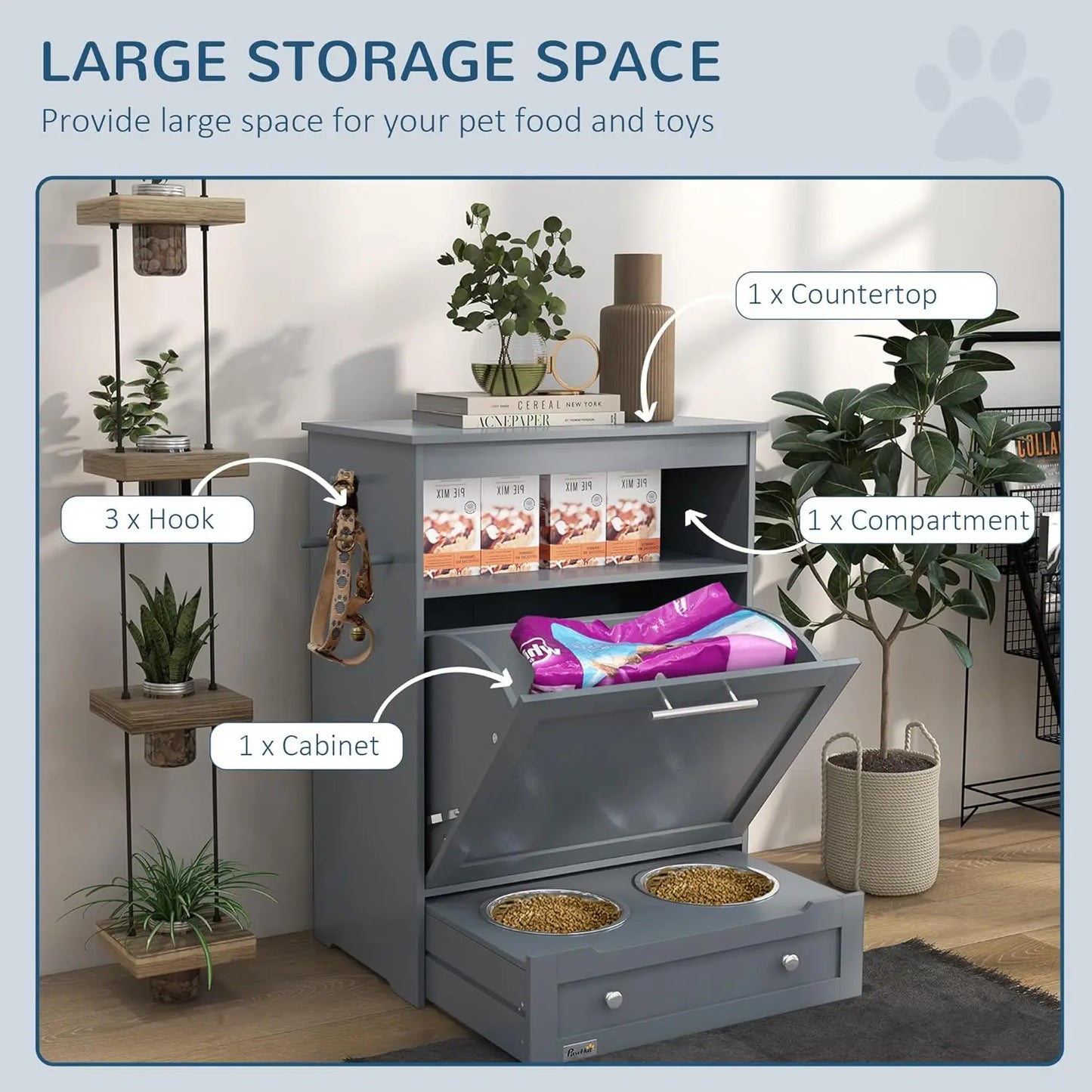 Raised Dog Feeding Station With Storage Cabinet And Organizer